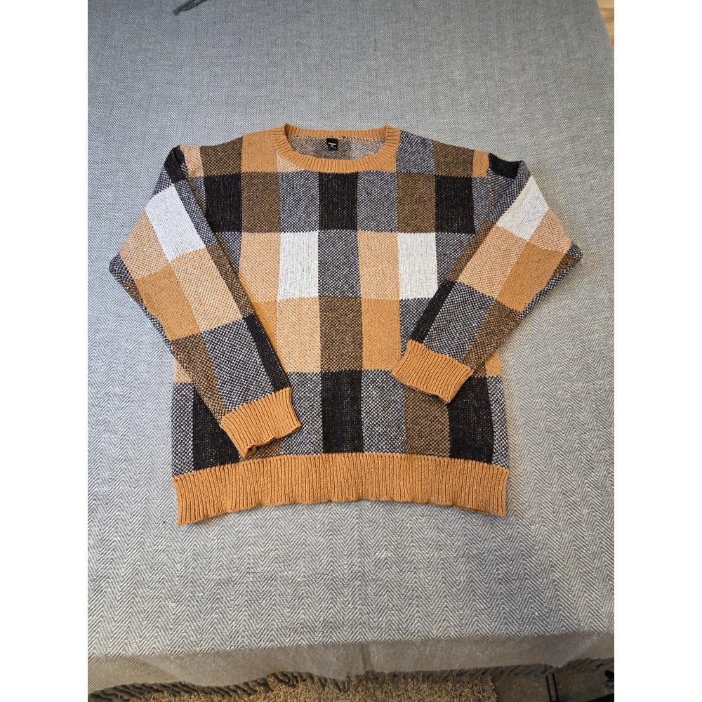 Shein Manfinity Sweater Mens XL Multicolor Plaid Tight Knit Ribbed Hem Crew Neck